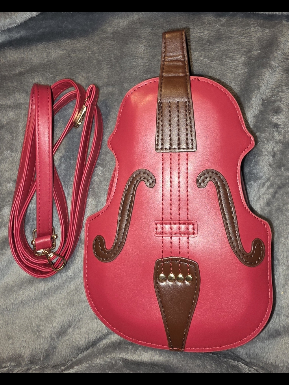 Red Violin-Shaped Cpnvertible Backpack/Crossbody Novelty Bag with Brown Accents